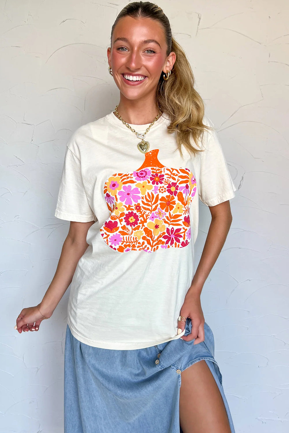 White Floral Pumpkin Graphic Fashion Tee