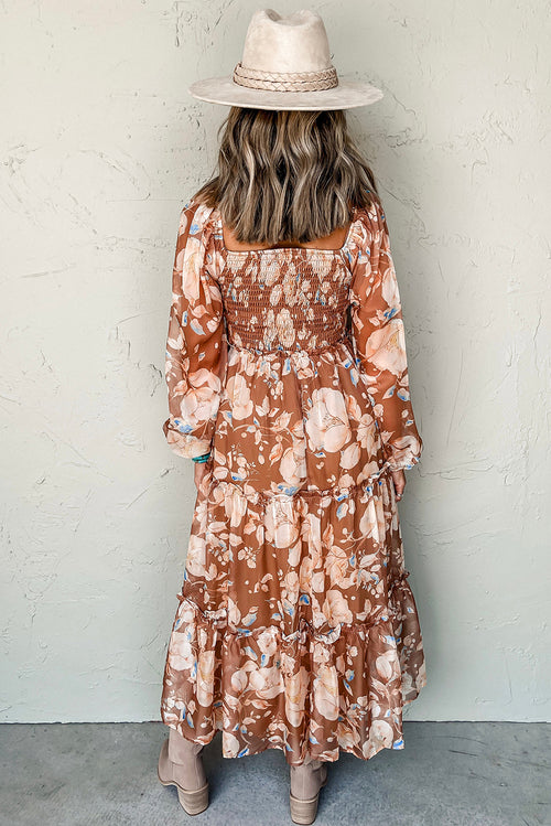 Robe longue marron à imprimé floral, col carré froncé et taille haute