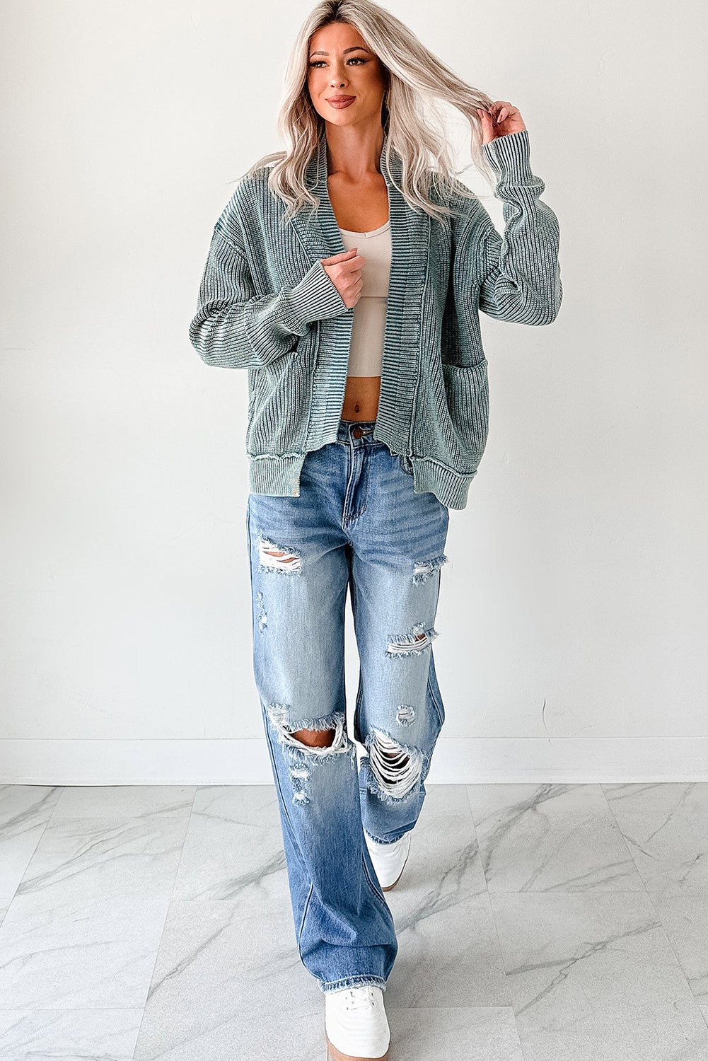 Evergreen Mineral Wash Exposed Seam Patchwork Knit Cardigan