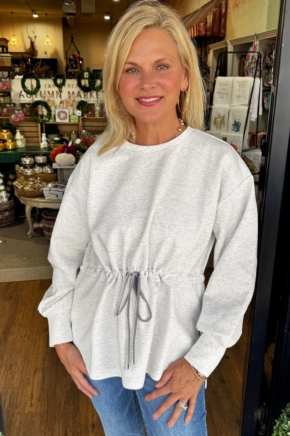 Light Grey Drawstring Waist Plain Pullover Sweatshirt