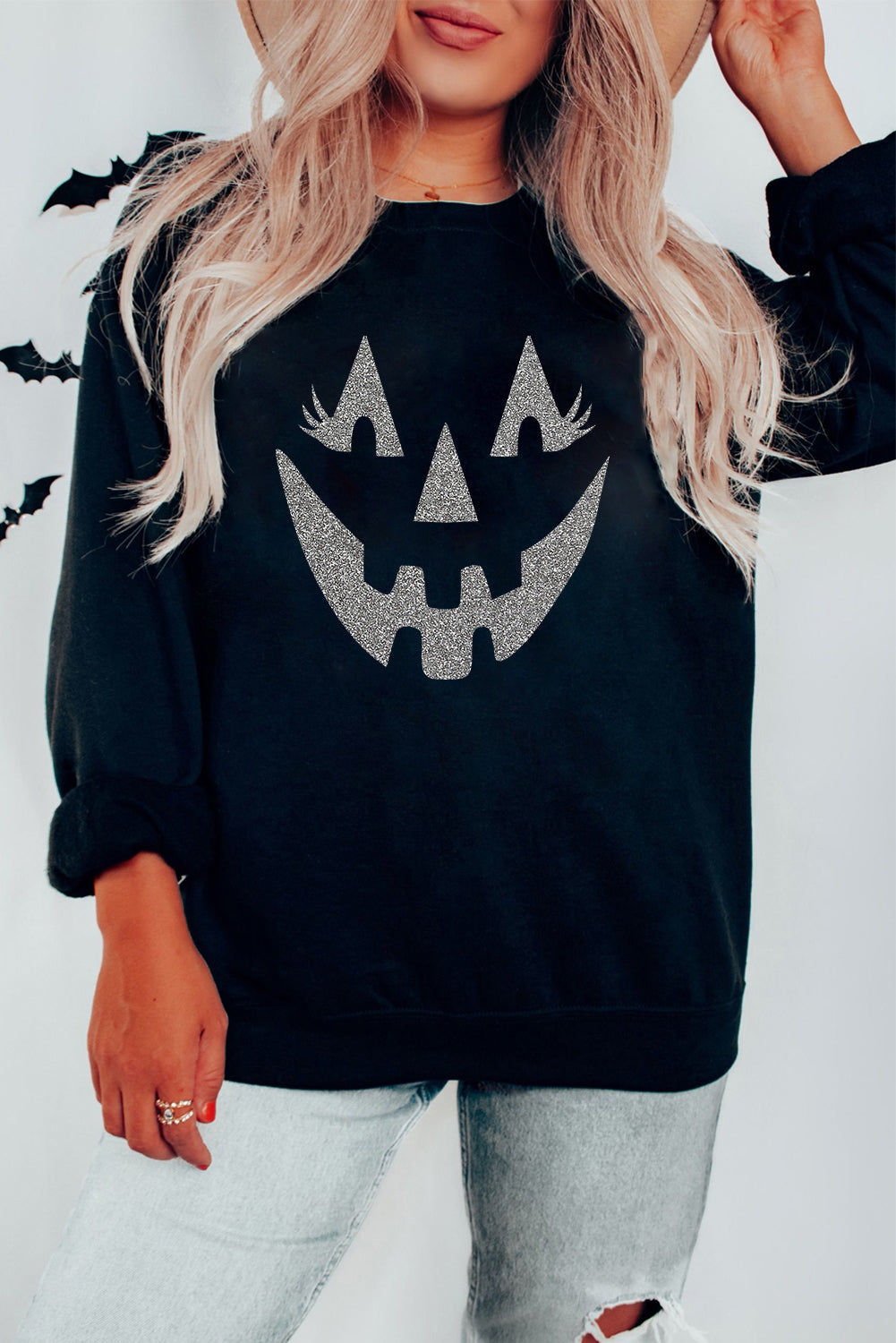 Black Spooky Halloween Graphic Baggy Sweatshirt