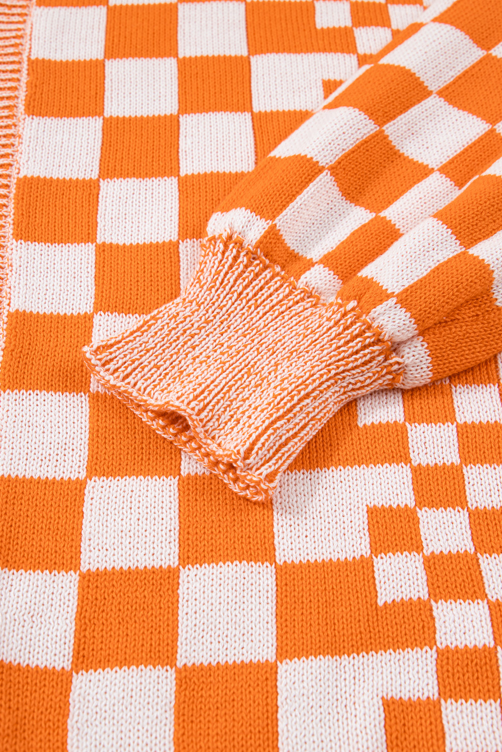 Cardigan en tricot à manches bouffantes et carreaux orange grande taille à épaules tombantes