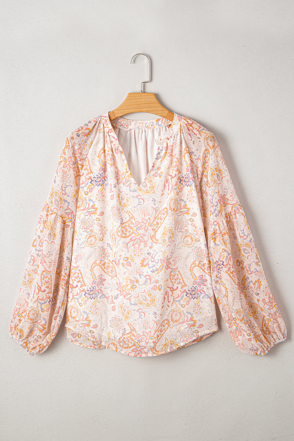 Golden Apricot Boho Floral Print V Neck Long Sleeve Blouse