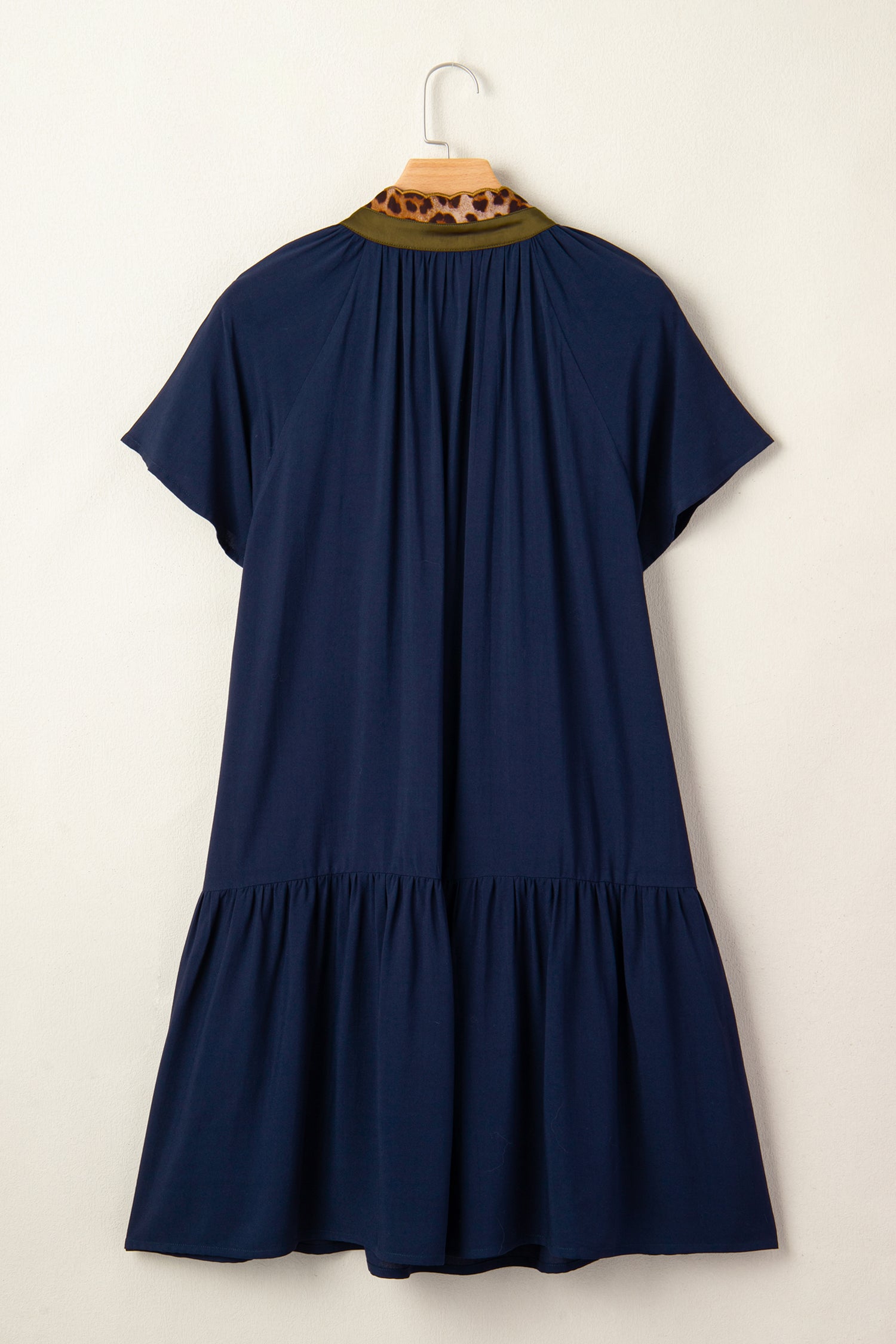 Navy Blue Button Detail Leopard Metallic Trim Short Sleeve Tunic Dress