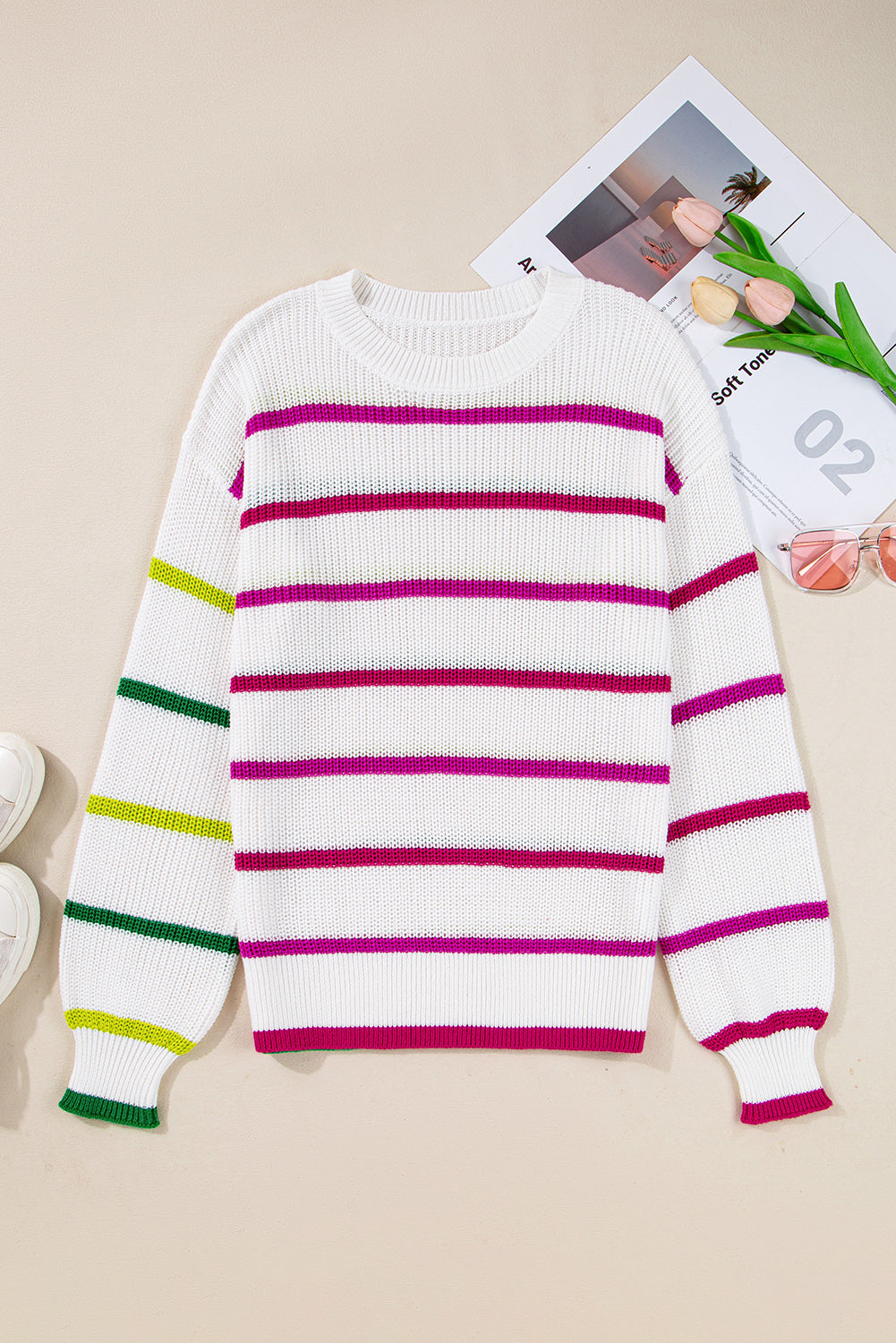 White Colorful Striped Drop Shoulder Crew Neck Sweater
