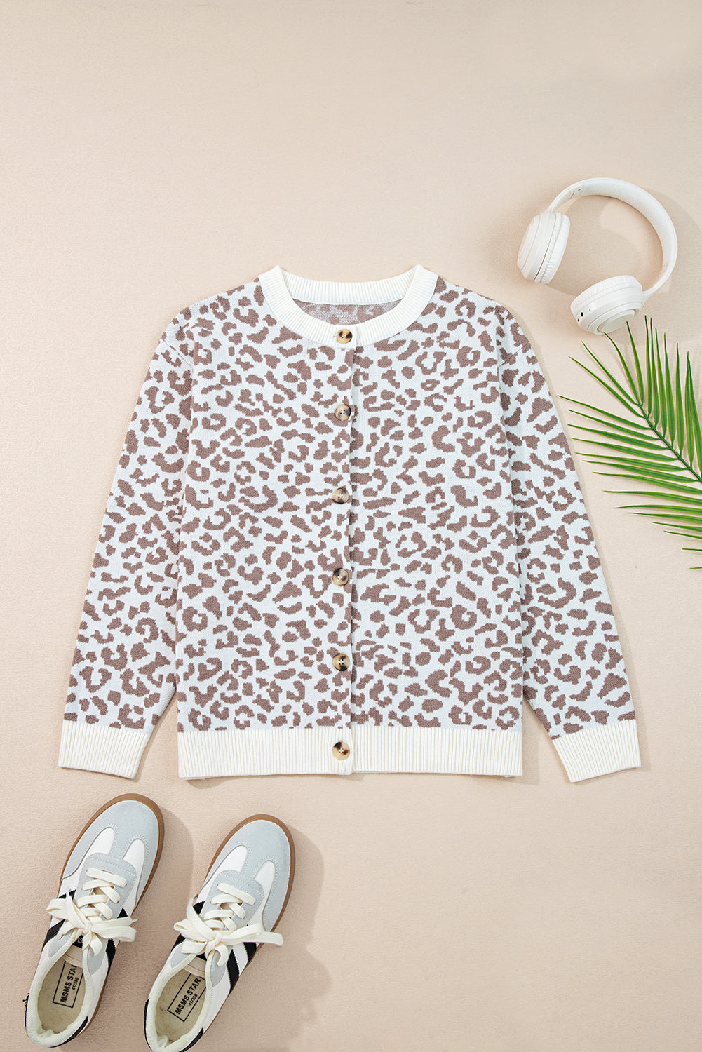 Khaki Leopard Drop Shoulder Knitted Cardigan