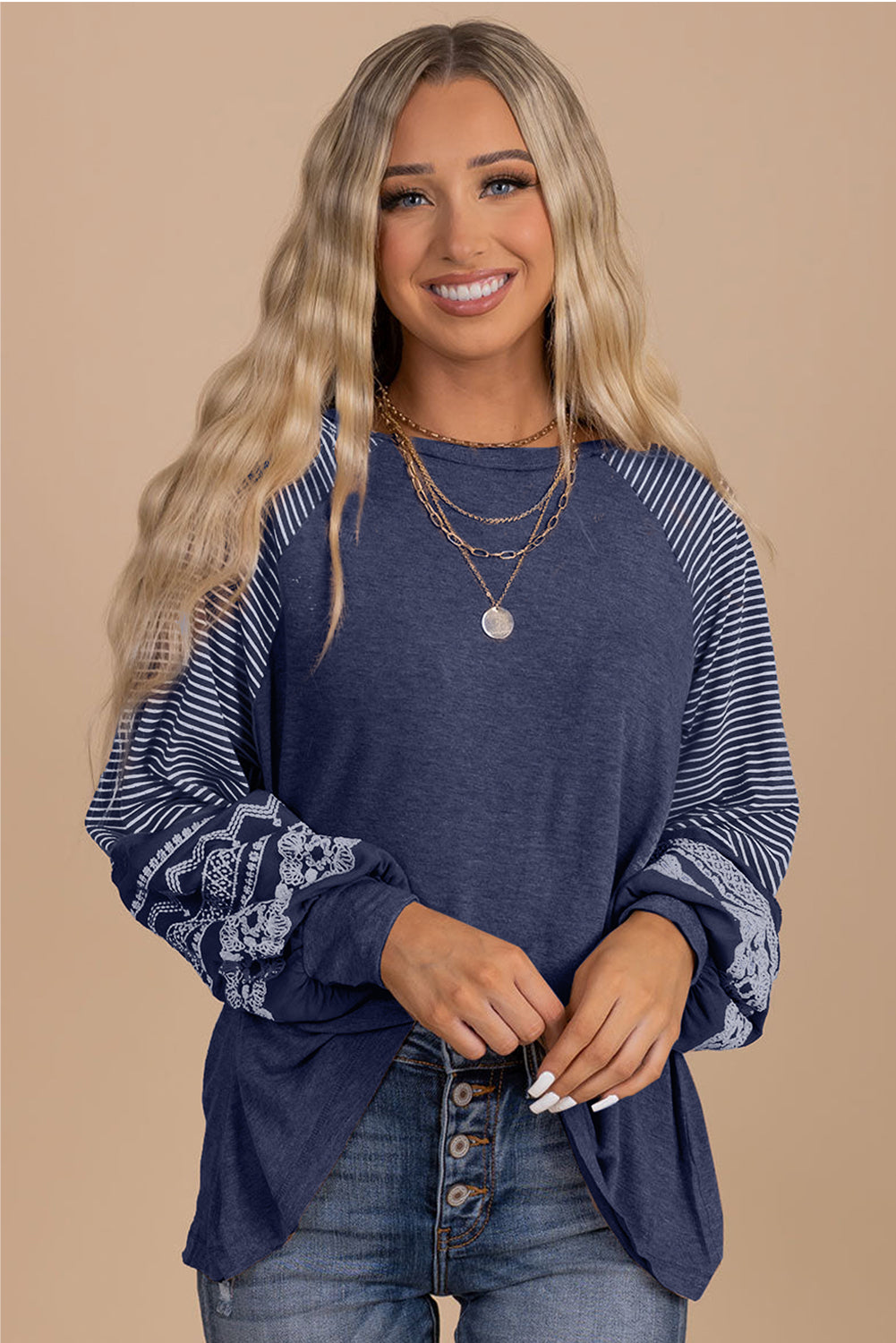 Medium Grey Contrast Print Striped Raglan Long Sleeve Loose Top