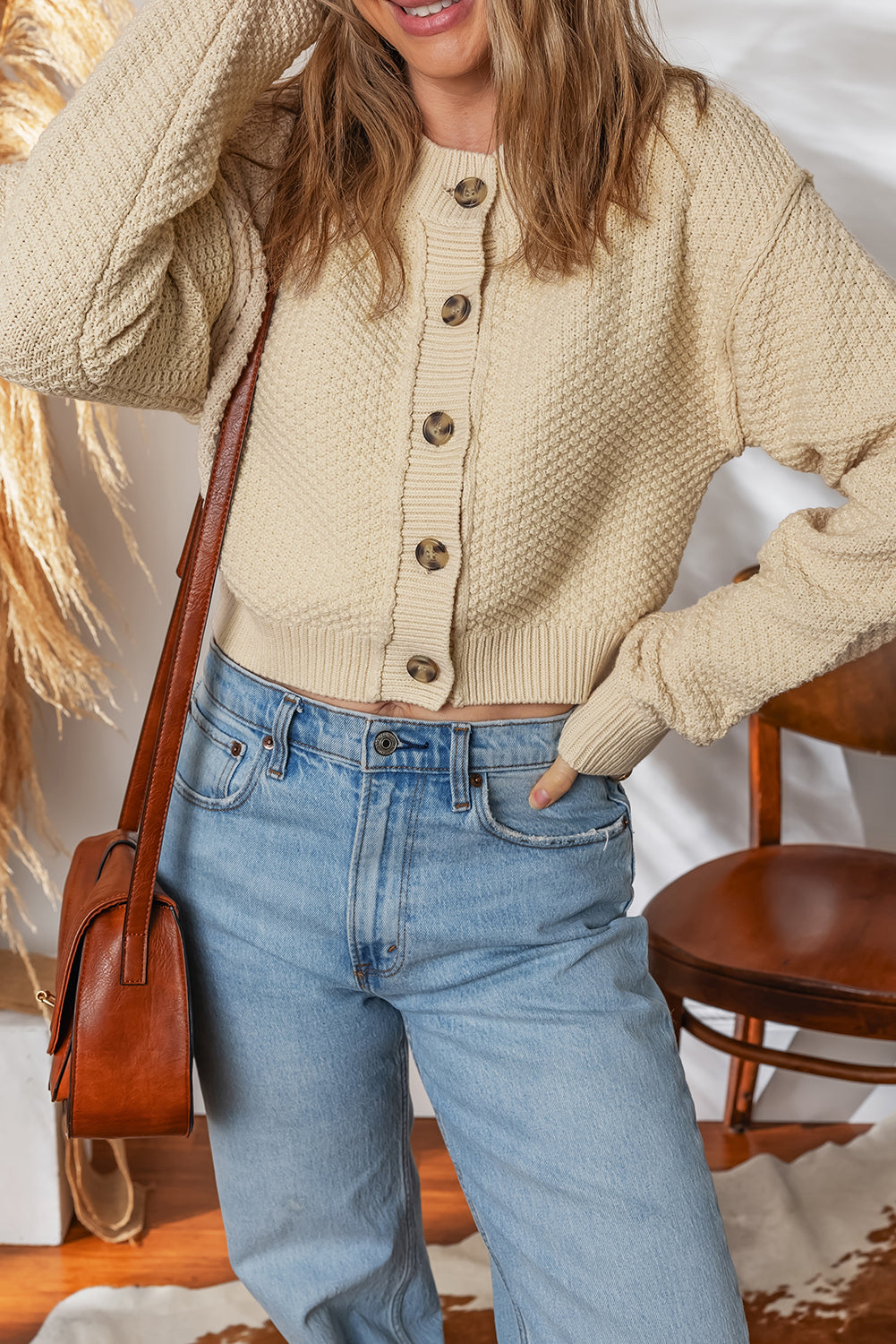 Beige Button Front Cropped Cardigan Sweater