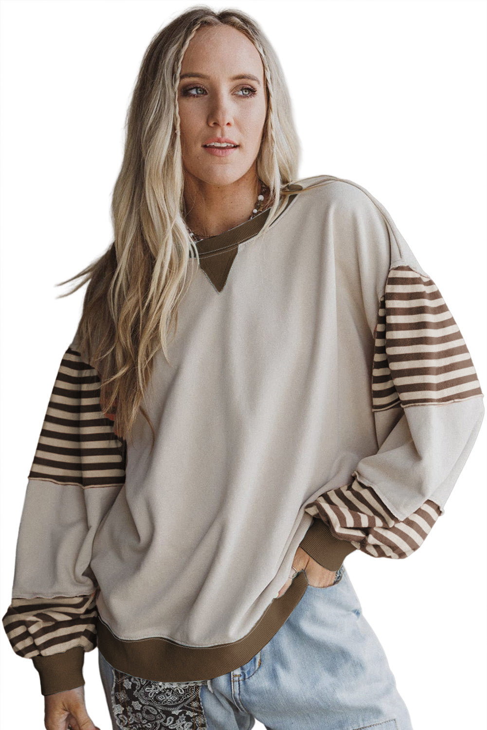 Parchment Colorblock Patchwork Striped Sleeve Sweatshirt