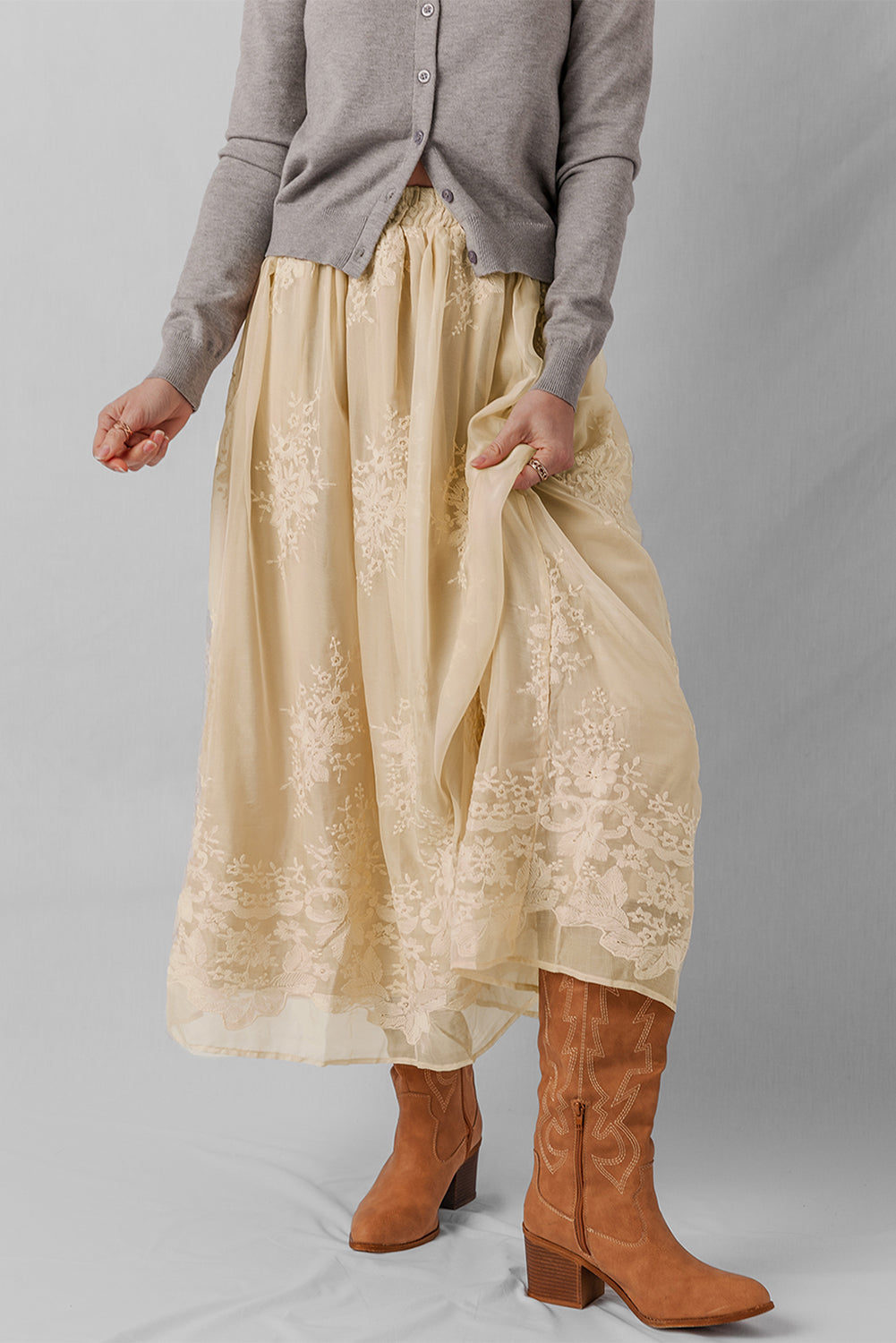 Oatmeal Embroidered Mesh Overlay Flowy Long Skirt