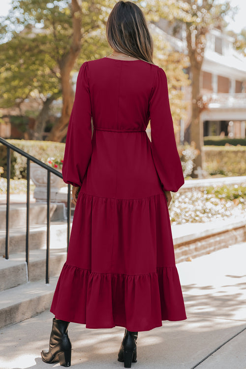Robe maxi bordeaux unie à manches longues, col en V et volants