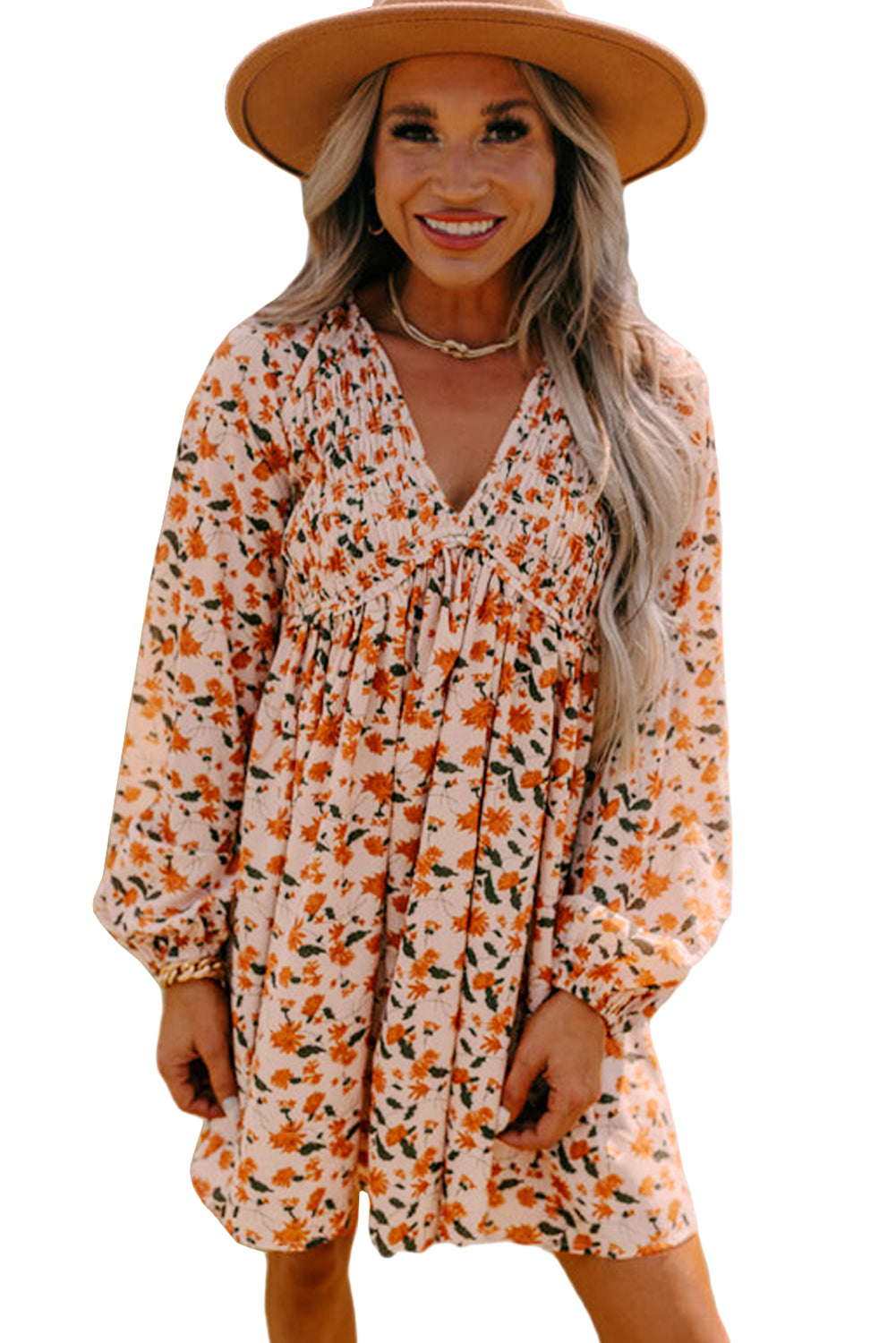 Robe babydoll noire à fleurs et col en V, manches bouffantes