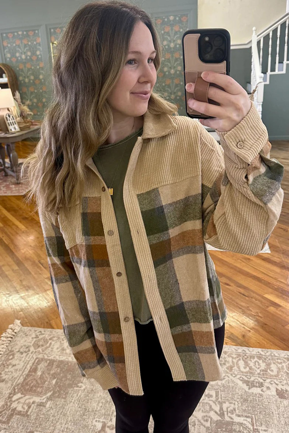 Parchment Plaid Patchwork Long Sleeve Shacket