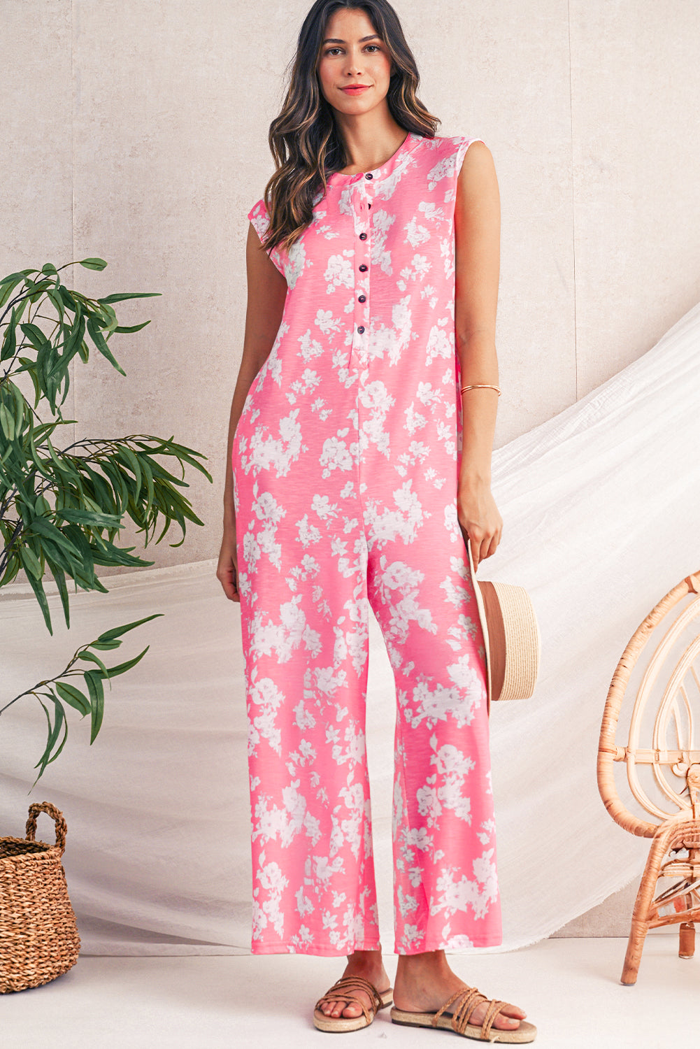 Myosotis Floral Print Sleeveless Wide Leg Jumpsuit
