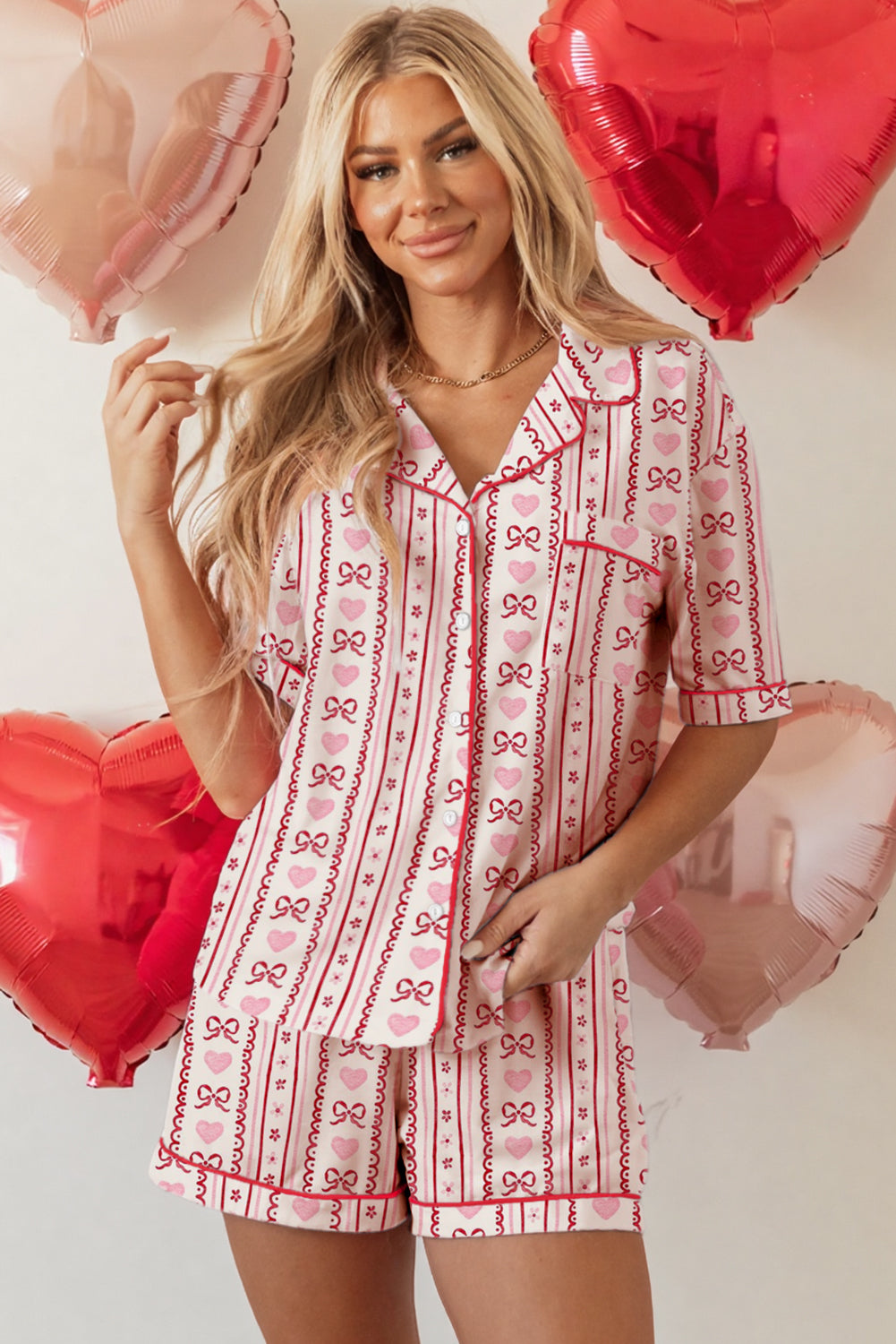 Conjunto de pijama con lazo rojo de San Valentín y estampado de corazón