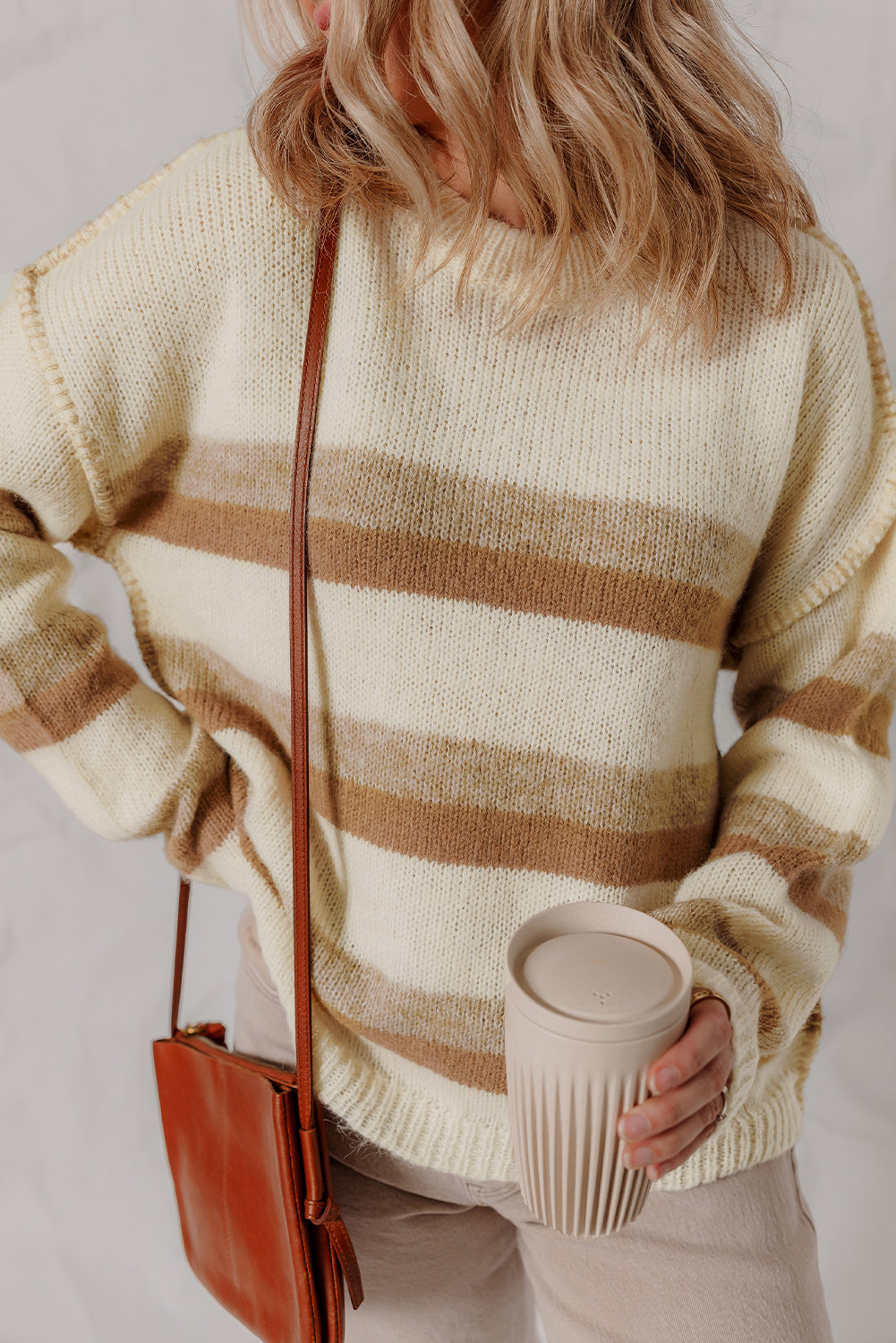 Khaki Stripe Exposed Seam Drop Shoulder Knit Baggy Sweater