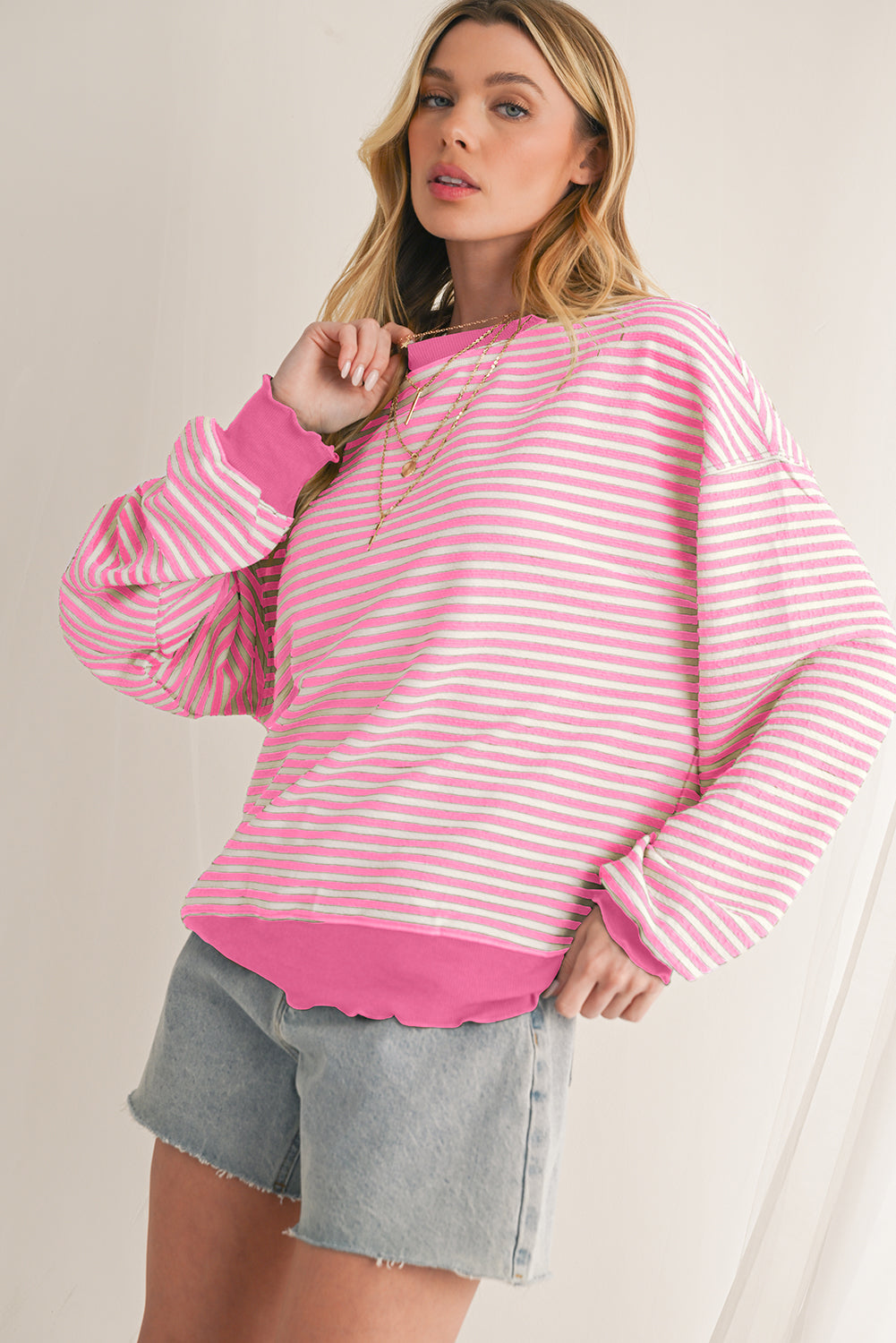 Brown Stripe Drop Shoulder Long Sleeve Top