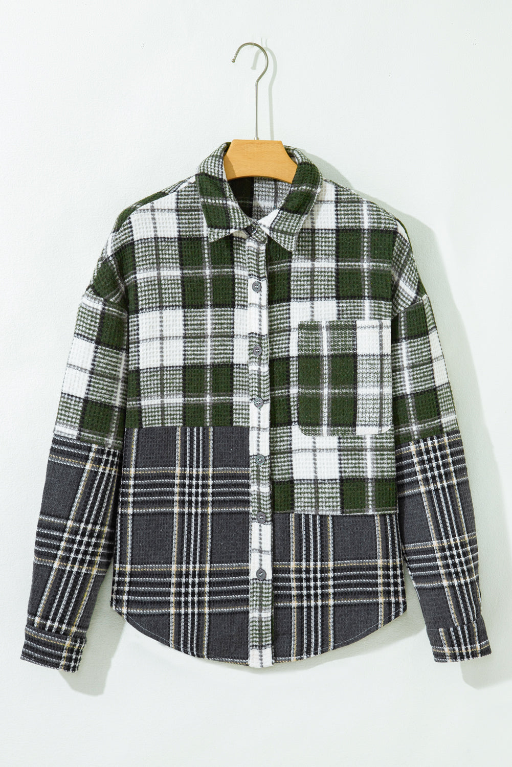 Black Plaid Print Textured Knit Buttoned Shacket