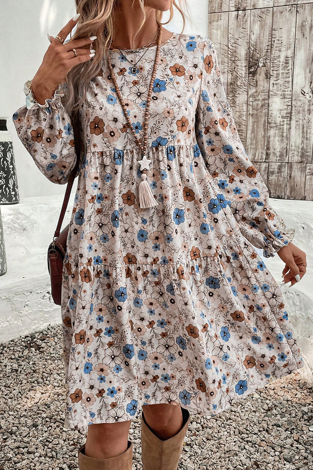 Khaki Floral Print Puff Sleeve Tiered Dress