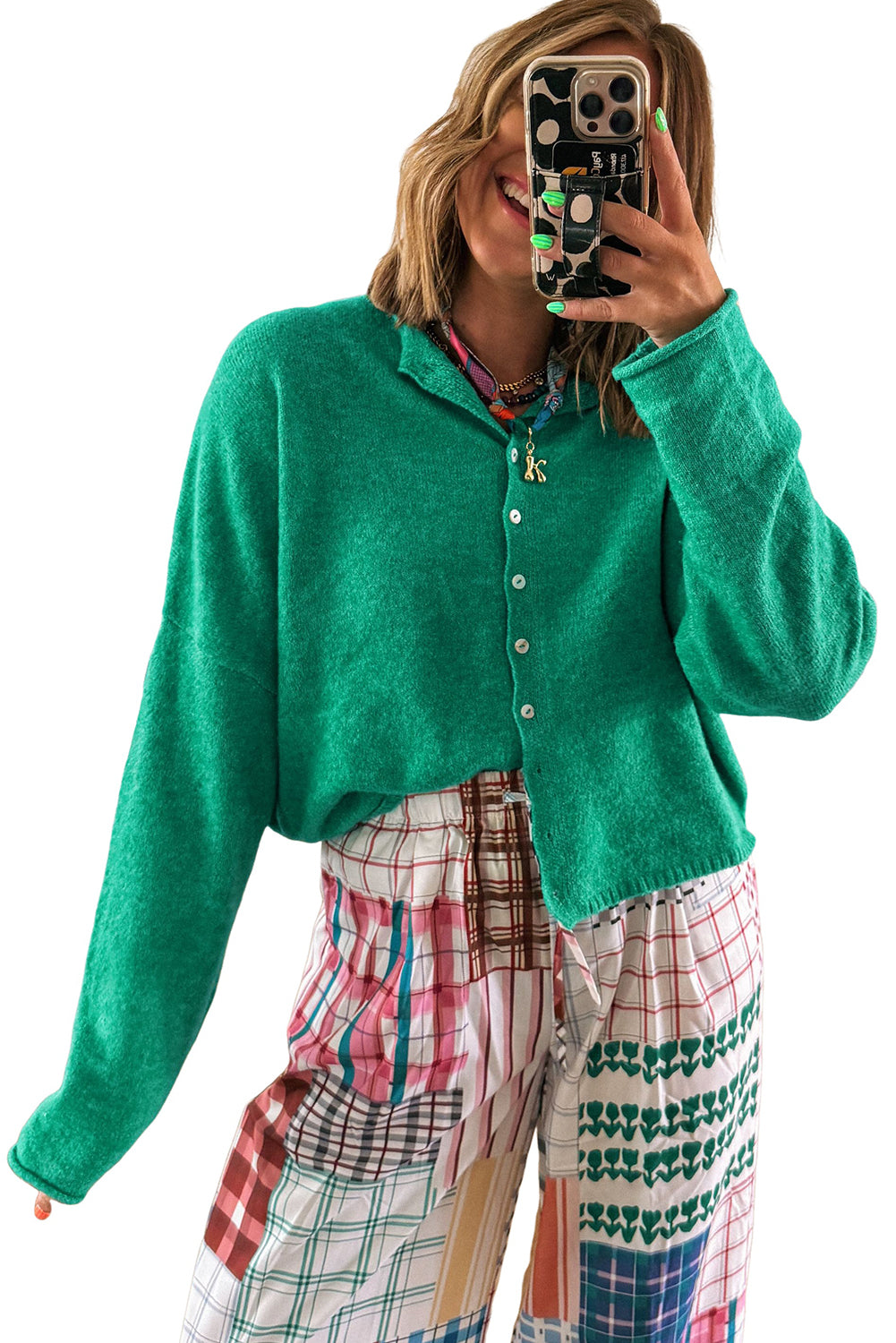 Bright Green Solid Color Button Drop Shoulder Knit Cardigan