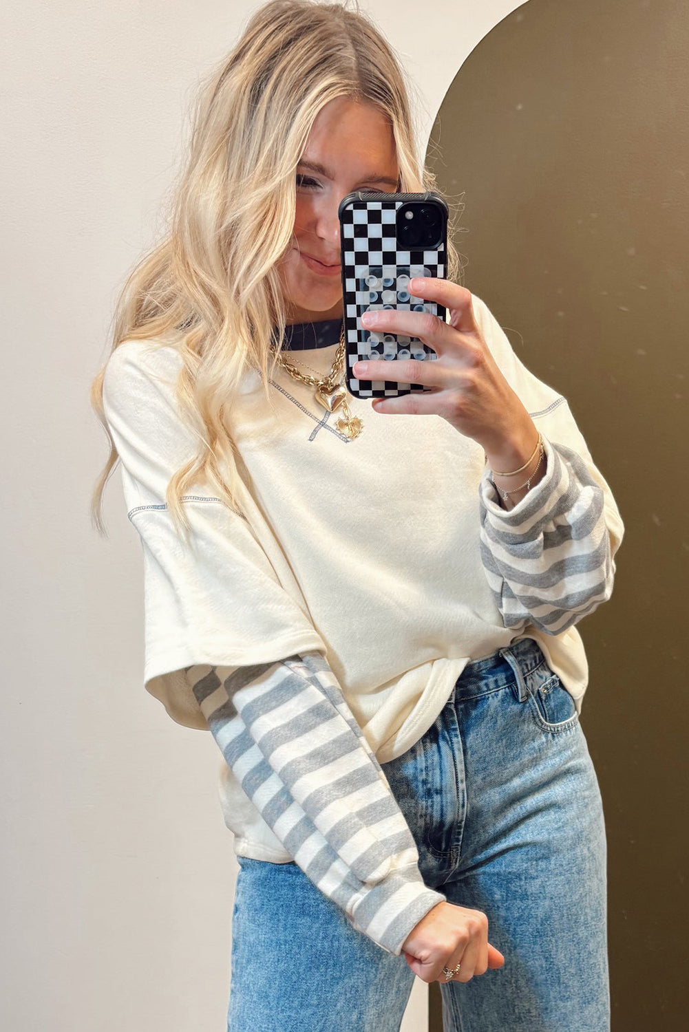 Beige Striped Patchwork Two-in-one Long Sleeve Top