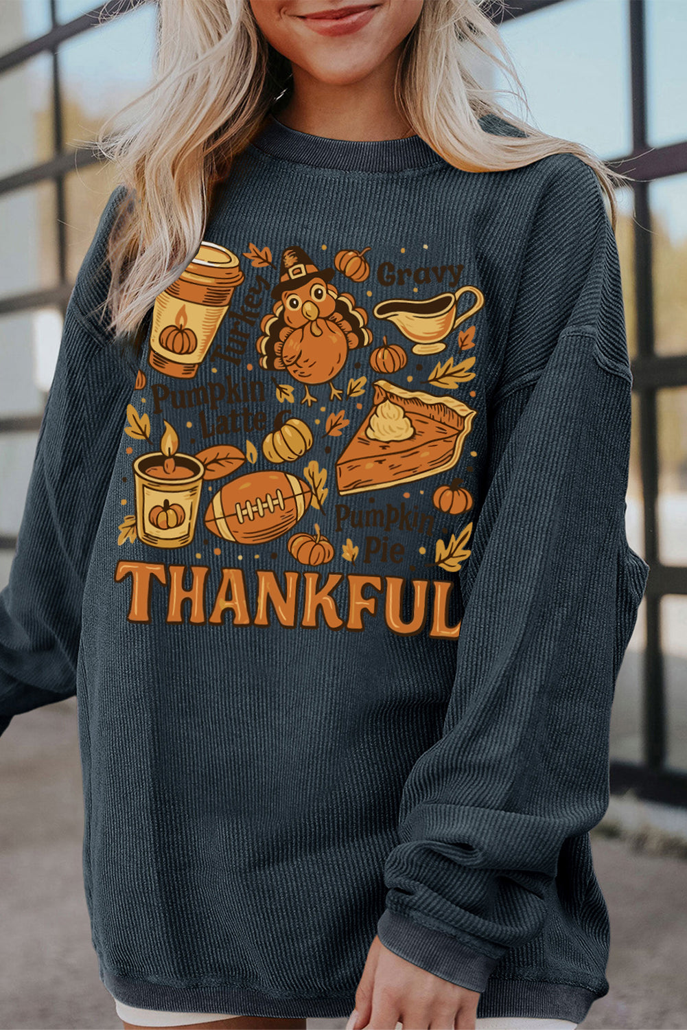 Dark Grey Twisted Ribbed THANKFUL Fall Fashion Heat Transfer Printing Baggy Sweatshirt