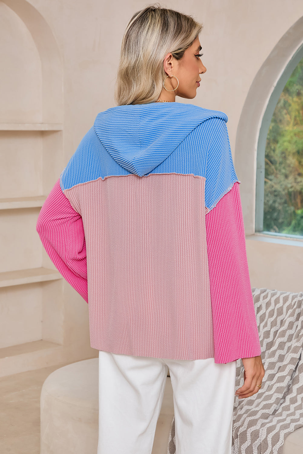 Pink Color Block Patchwork Corded Ribbed Loose Fit Hoodie