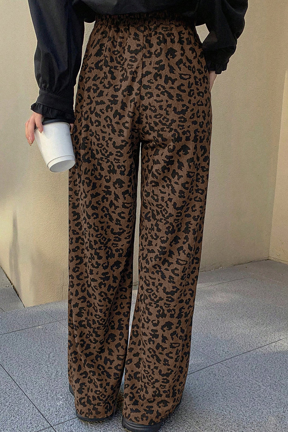 Dark Brown Leopard Print Elastic High Waist Loose Corduroy Pants