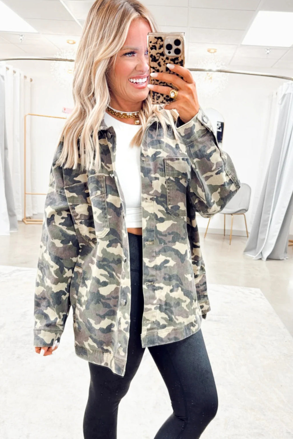 Green Camo Chest Pockets Loose Denim Jacket