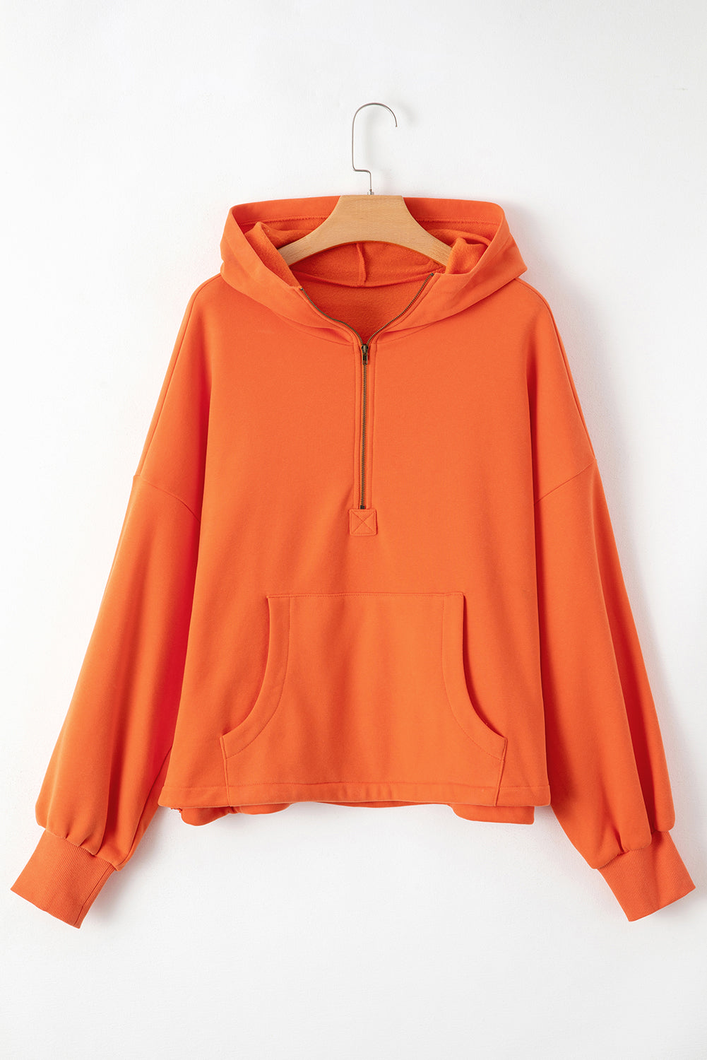 Orange Half Zipper Kangaroo Pockets Drop Shoulder Hoodie