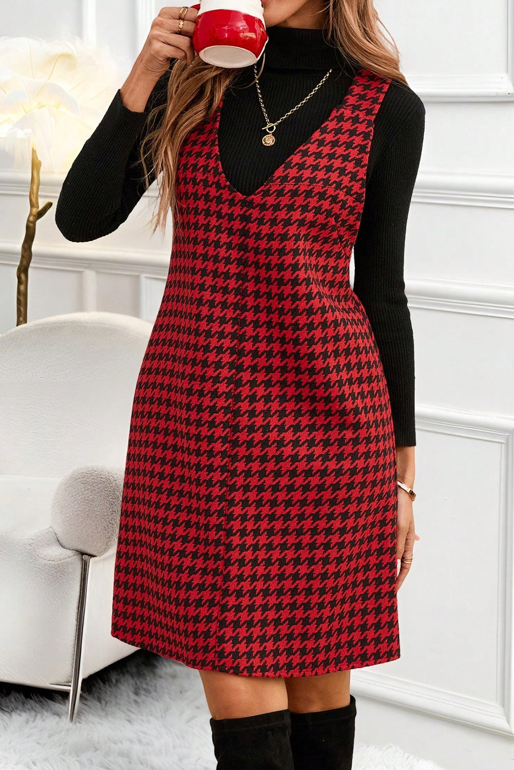 Khaki Houndstooth Print V Neck Sleeveless Mini Dress