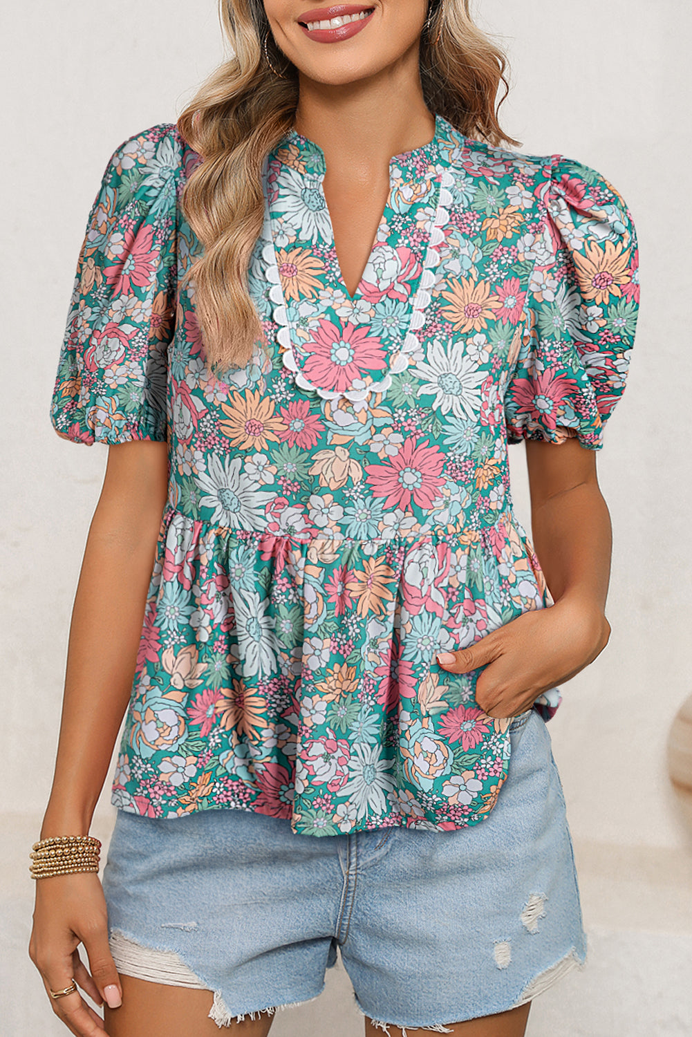 Multicolour Floral Print Short Puff Sleeve V Neck Boho Peplum Blouse