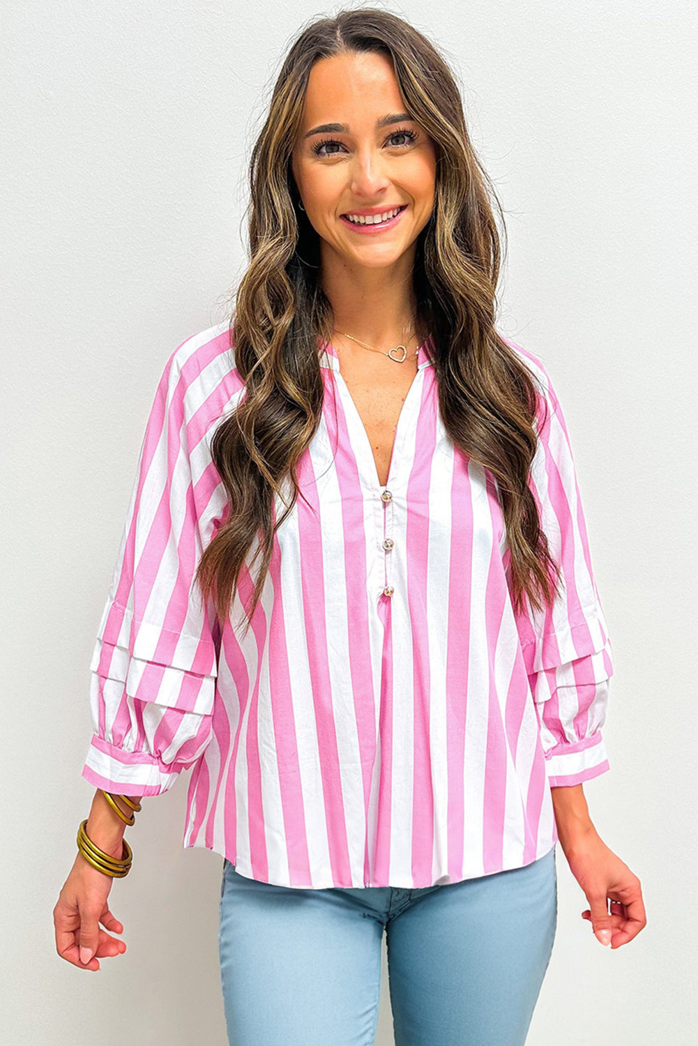 Rose Striped Button V Neck Raglan Sleeve Blouse