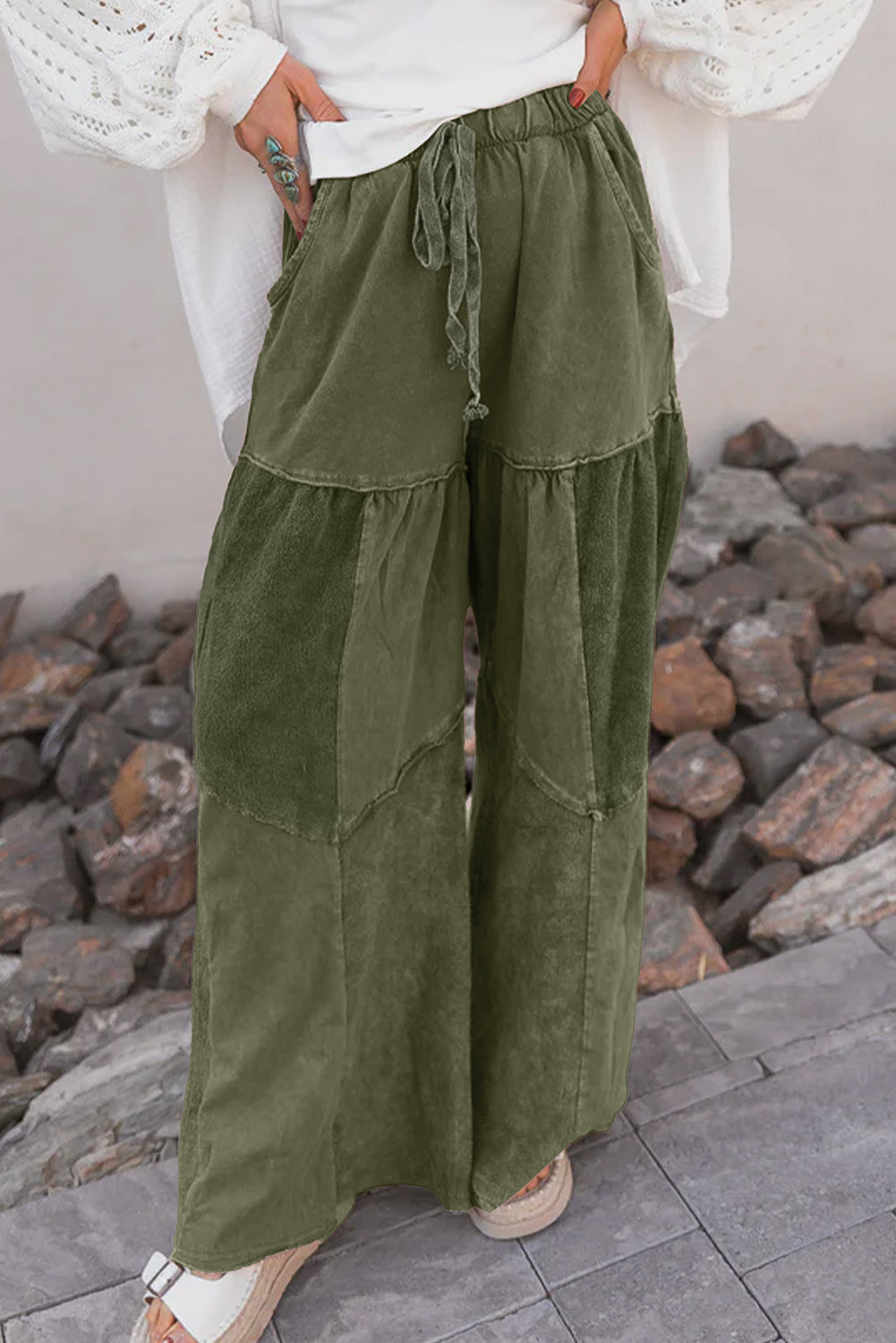 Wild Ginger  Careys Mineral Wash Tiered Wide Leg Patchwork Drawstring Pants
