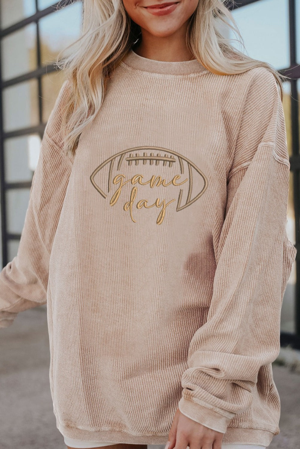 Apricot Football Graphic Drop Shoulder Game Day Corded Sweatshirt
