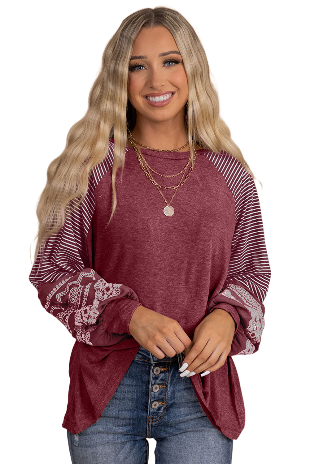 Medium Grey Contrast Print Striped Raglan Long Sleeve Loose Top