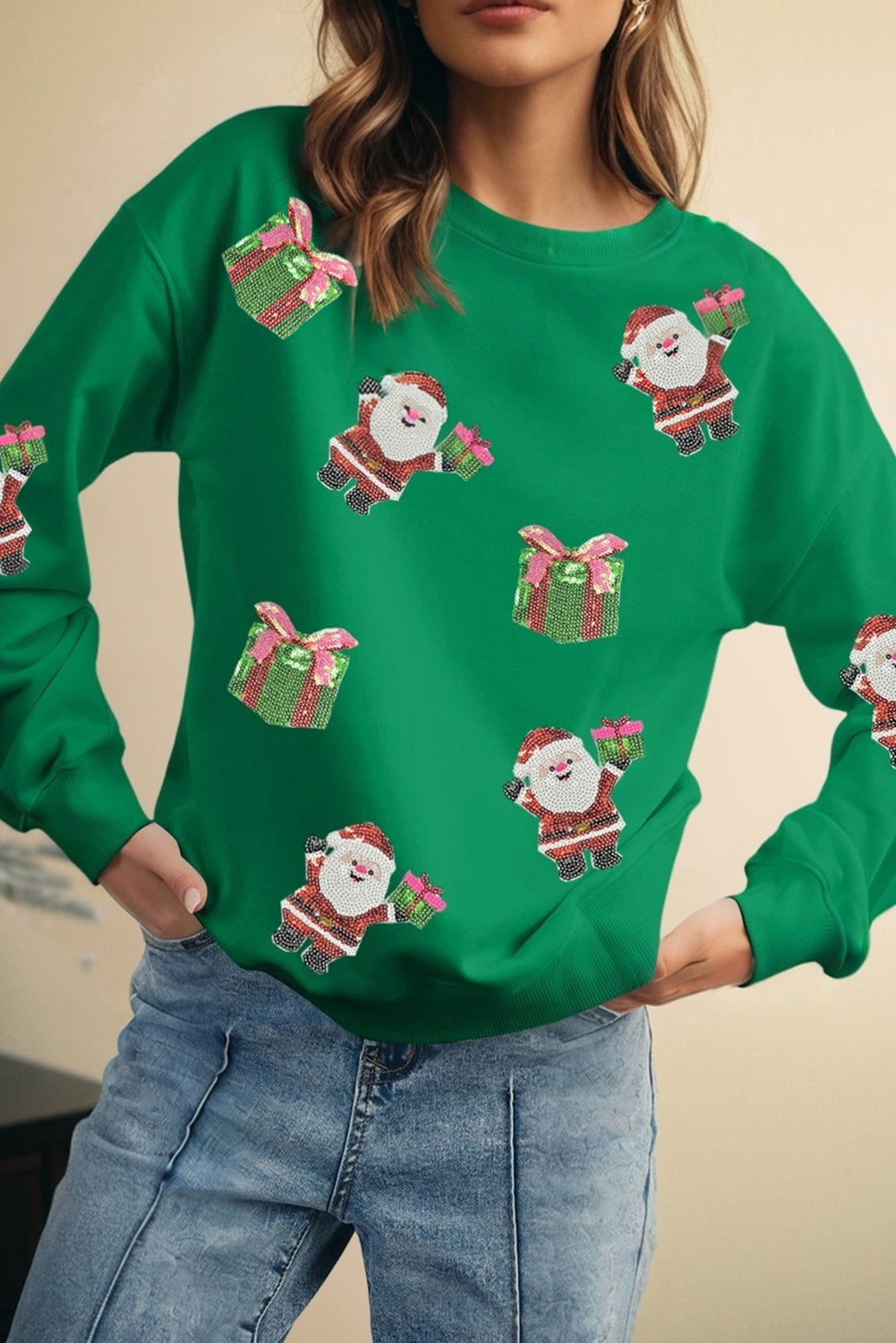 Dark Green Santa Delivering Gifts Christmas Sequin Graphic Sweatshirt