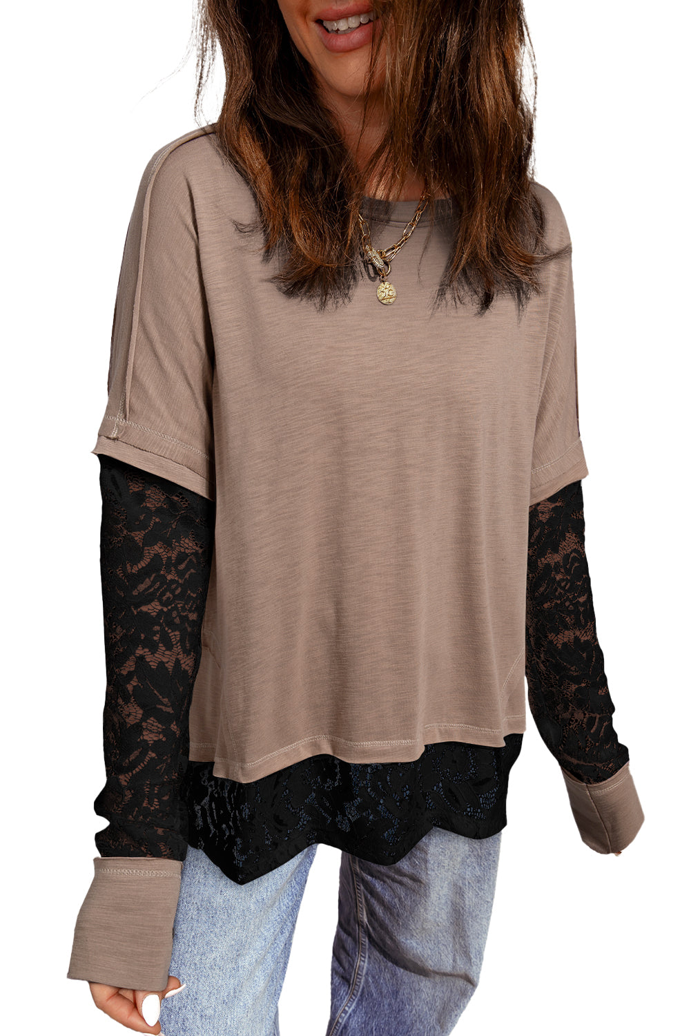Light French Beige Sheer Lace Patchwork Casual Long Sleeve Tee
