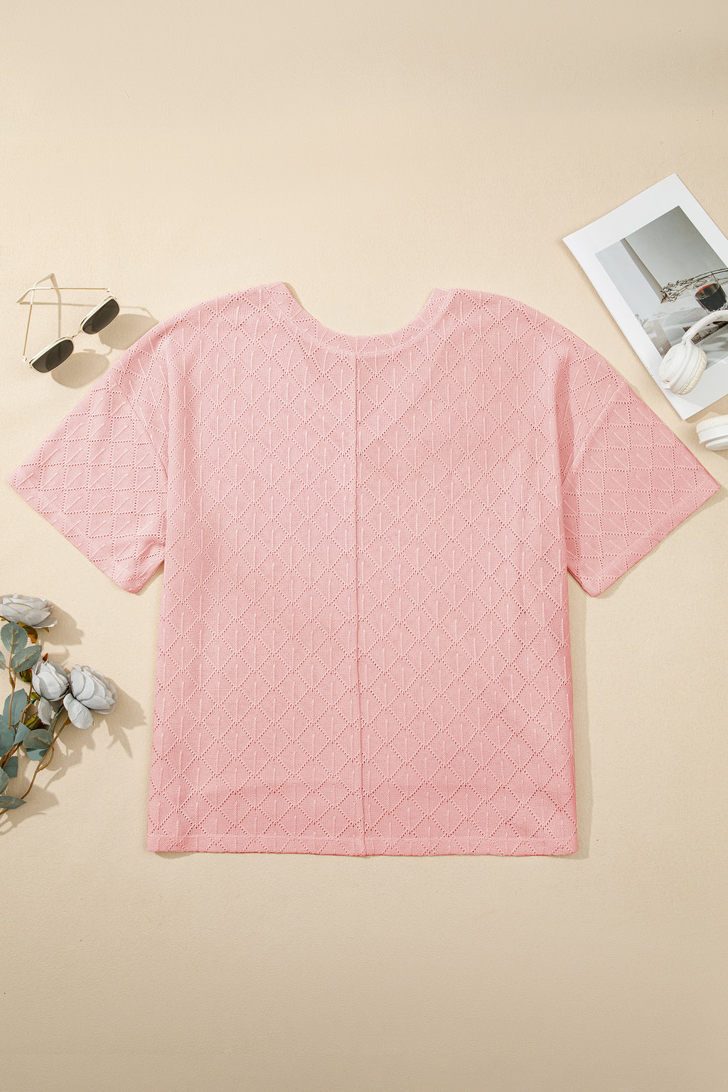 Haut ample à col en V en maille ajourée rose clair grande taille