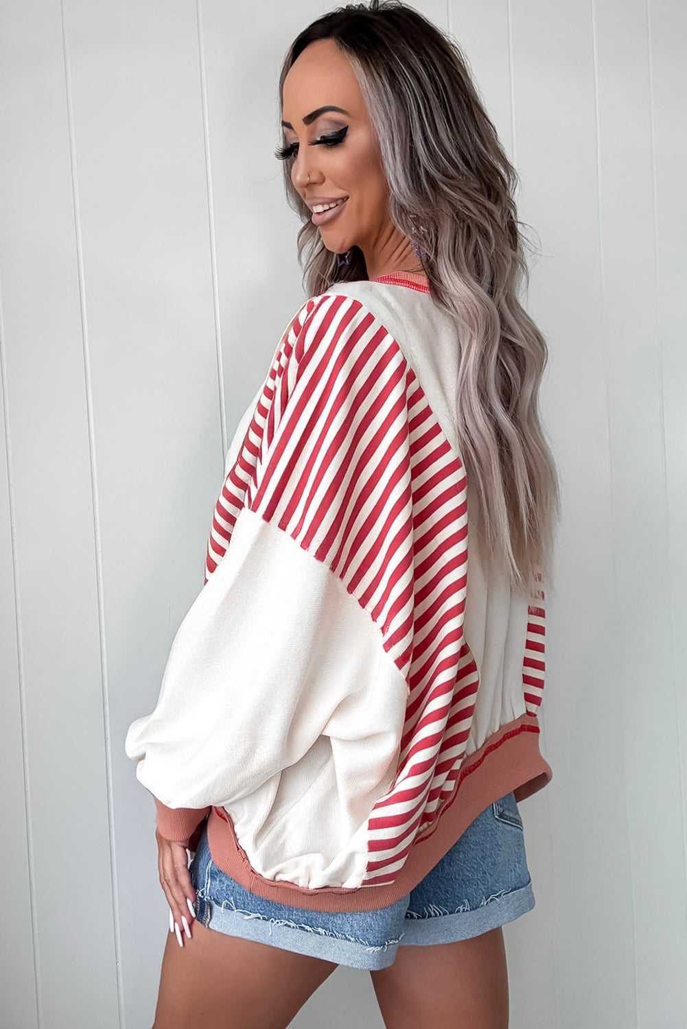Red Striped Colorblock Patchwork Oversized Sweatshirt