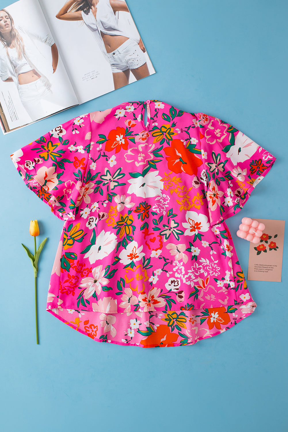 Pink Floral Print Flounce Sleeve Smocked Blouse