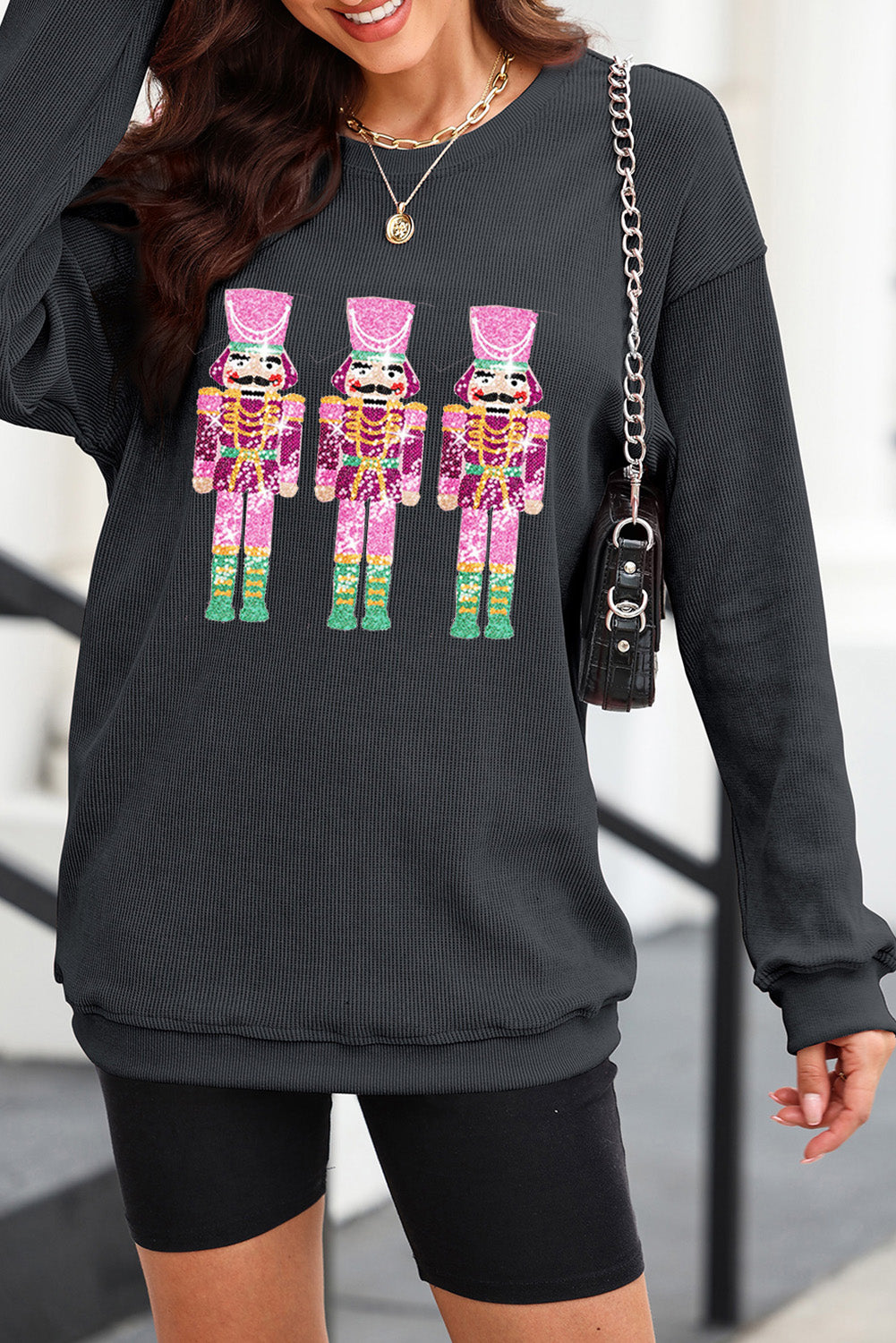 Black Nutcracker Graphic Sequins Patch Mineral Wash Corded Sweatshirt