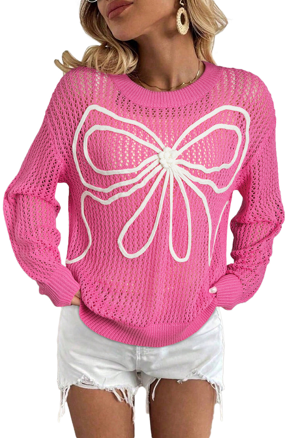 Sachet Pink Sweet Bow Decor Hollow Out Knitted Drop Shoulder Sweater