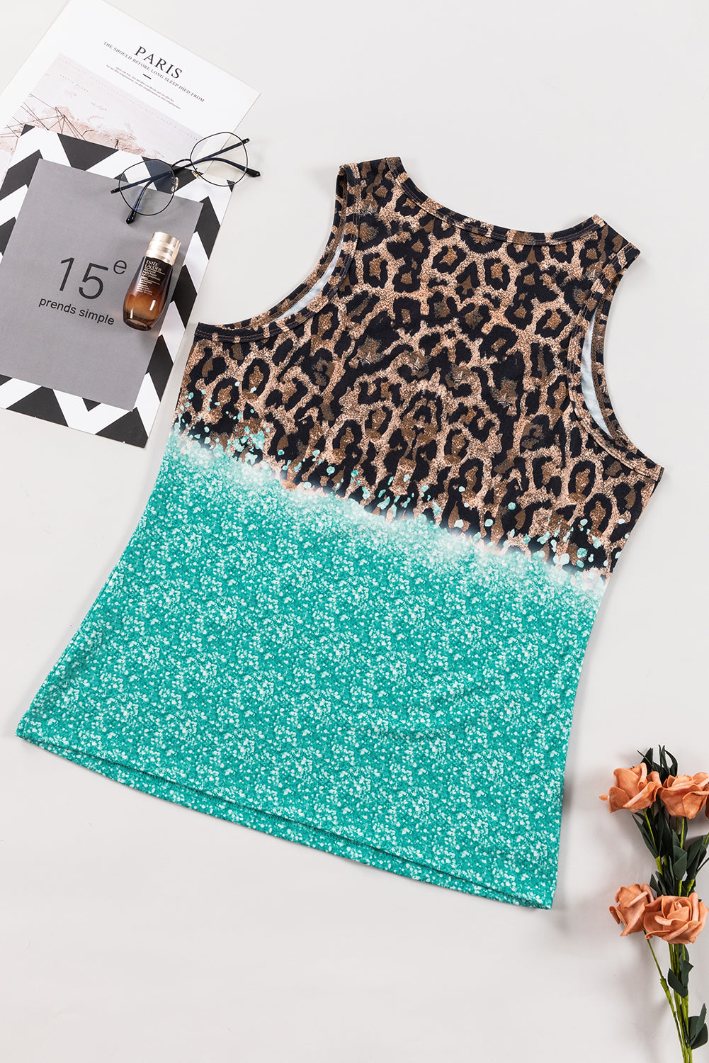 Light Blue Bleached Leopard Tie-dye Print Tank Top
