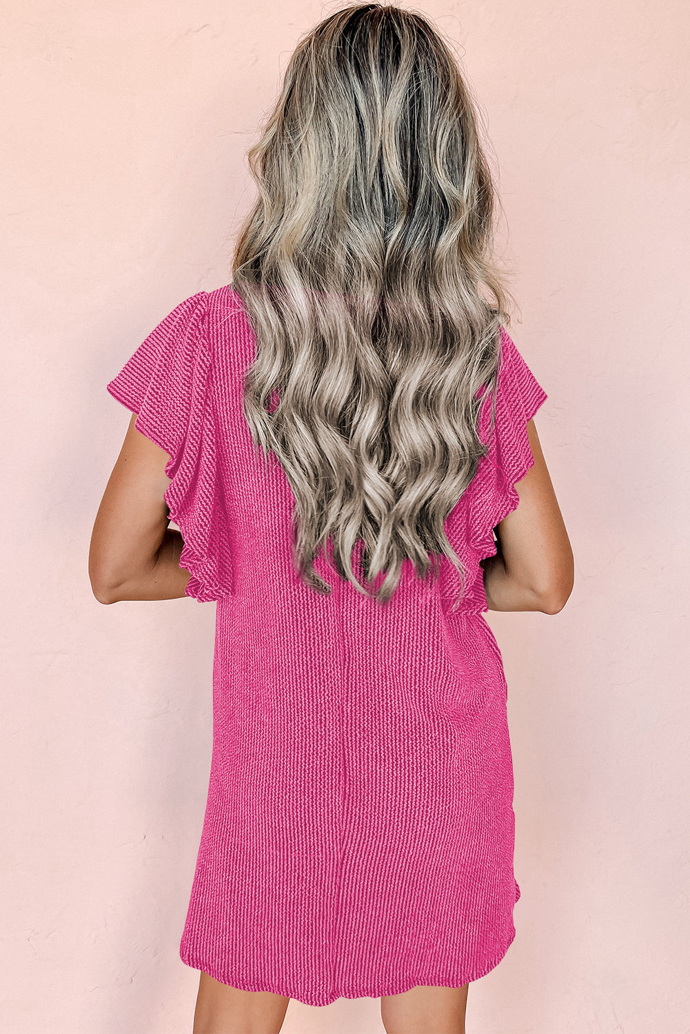 Rose Red Plain Crinkle Rib Flutter Sleeve Mini Dress