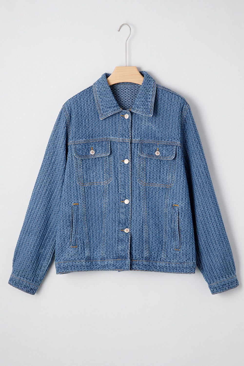 Blue Double Flap Pocket Denim Textured Button Down Jacket