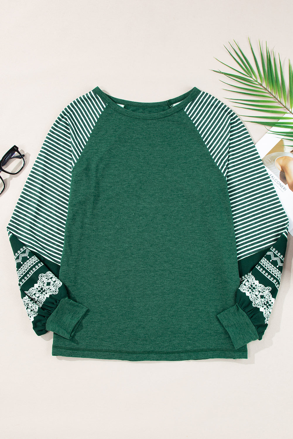 Medium Grey Contrast Print Striped Raglan Long Sleeve Loose Top