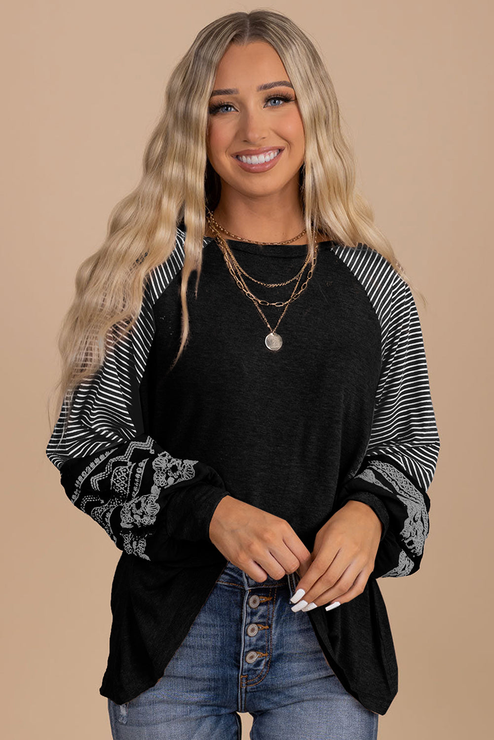 Medium Grey Contrast Print Striped Raglan Long Sleeve Loose Top