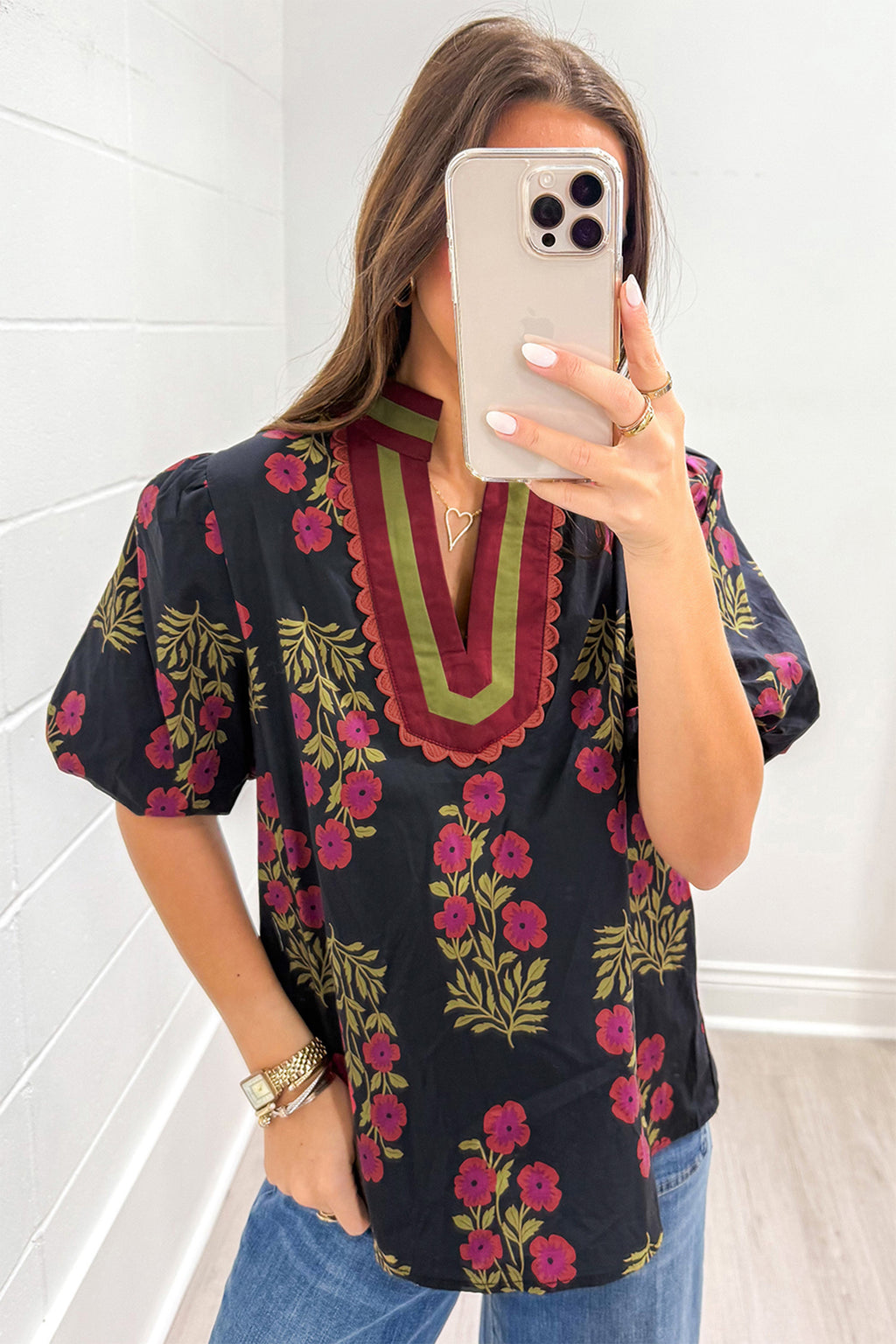 Black Floral Short Bubble Sleeve Contrast Slit Neckline Blouse