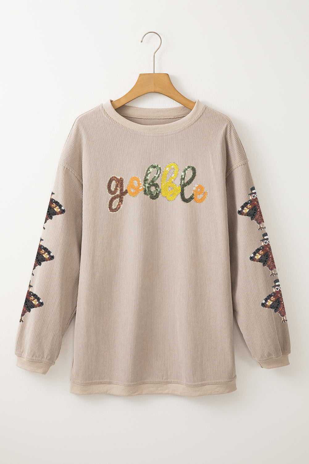 Smoke Gray gobble Turkey Sleeve Sequins Patch Corded Baggy Sweatshirt